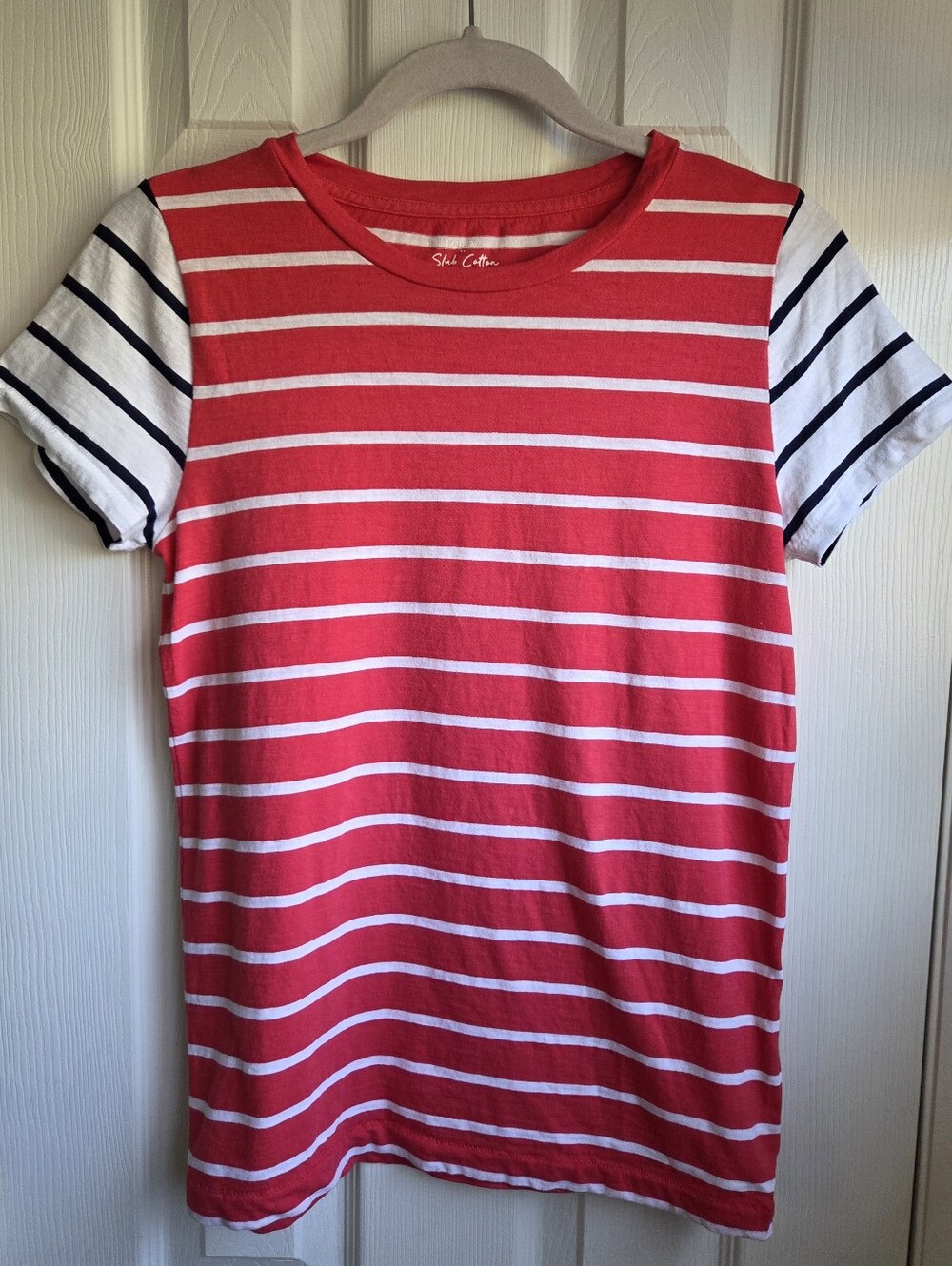 J. Crew Striped Slub Cotton Tee in coral, navy and white.